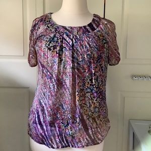 Roz and Ali Round Neck Floral Open Sleeve Lined Blouse  L